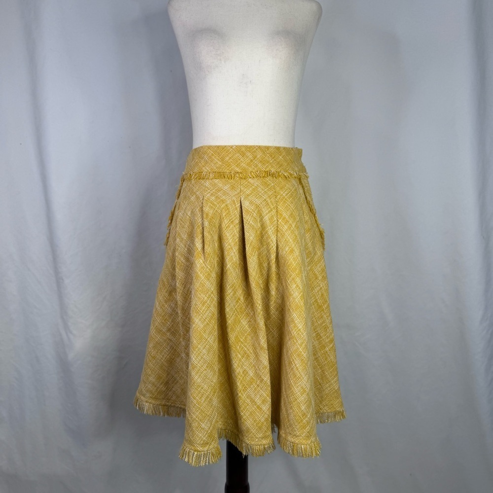 Maeve Anthropologie skirt golden yellow woven tweed fringe POCKETS! 0